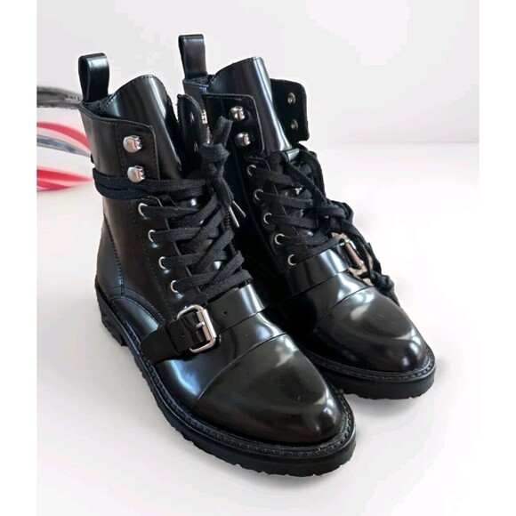 All Saints Donita Womens Boots Black Leather NWOT EU 36/US 6 Combat Patent - Picture 3 of 10